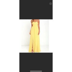 Lulu's Moondance Serenade Strapless Maxi Bridesmaid Dress Slit Yellow S Worn 1x